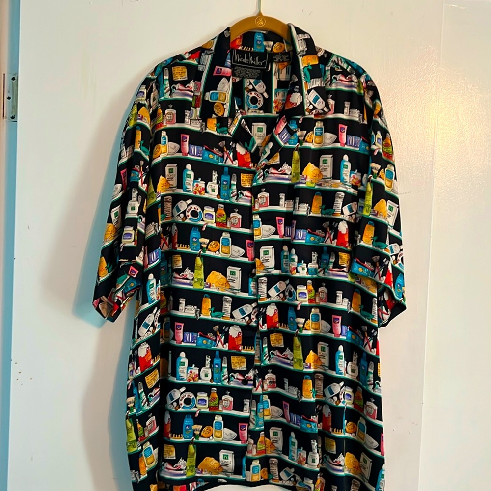 NICOLE MILLER ⚜️ Mens 💯 Silk “Medicine Cabinet” Print Button-up Shirt